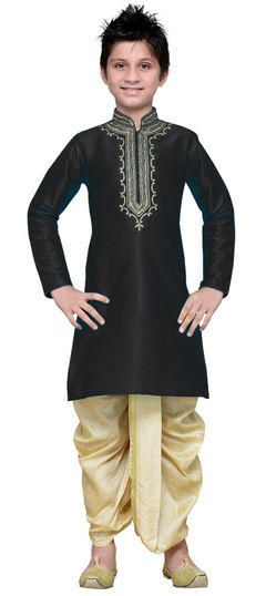 Black and Grey color Boys Kurta Pyjama in Dupion Silk fabric with Embroidered, Thread work : 1718275