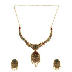 Gold Rodium Polish Green, Red and Maroon color Necklace in Metal Alloy studded with CZ Diamond