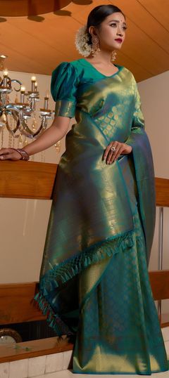 Blue color Saree in Raw Silk, Silk fabric with Weaving work