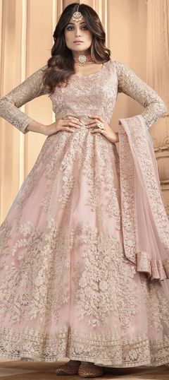 Bollywood Pink and Majenta color Salwar Kameez in Net fabric with Anarkali Embroidered, Sequence, Thread work : 1719700