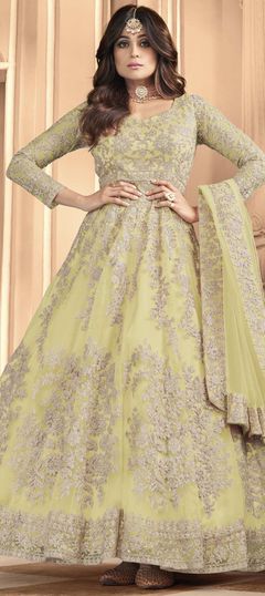 Bollywood Yellow color Salwar Kameez in Net fabric with Anarkali Embroidered, Sequence, Thread work : 1719703