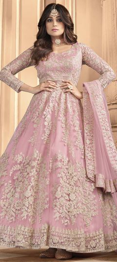 Bollywood Pink and Majenta color Salwar Kameez in Net fabric with Anarkali Embroidered, Sequence, Thread work : 1719713