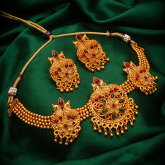 Green, Red and Maroon color Necklace in Metal Alloy studded with CZ Diamond & Gold Rodium Polish : 1720873