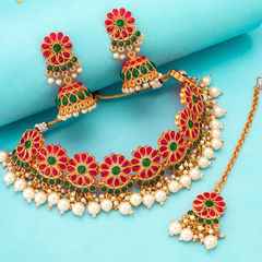 Gold Rodium Polish Multicolor color Necklace in Metal Alloy studded with Kundan, Pearl