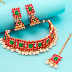 Gold Rodium Polish Multicolor color Necklace in Metal Alloy studded with Kundan, Pearl