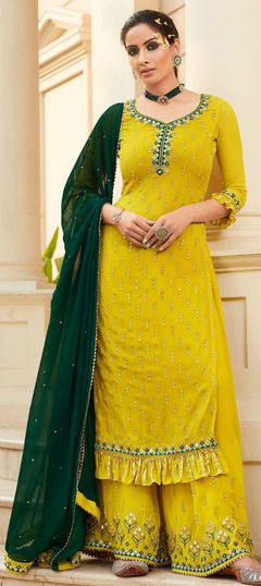 Yellow color Salwar Kameez in Faux Georgette fabric with Embroidered, Sequence, Thread work