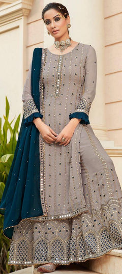 Black and Grey color Salwar Kameez in Faux Georgette fabric with Embroidered, Sequence, Thread work