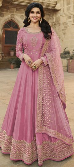 Pink and Majenta color Salwar Kameez in Dolla Silk, Silk fabric with Embroidered, Sequence, Thread, Zari work