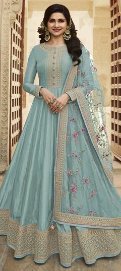 Blue color Salwar Kameez in Dolla Silk, Silk fabric with Embroidered, Sequence, Thread, Zari work