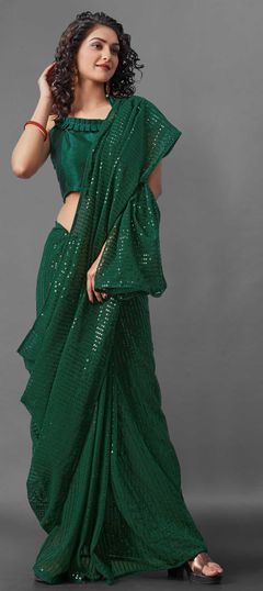 Festive, Party Wear Green color Saree in Georgette fabric with Classic Sequence work : 1721502