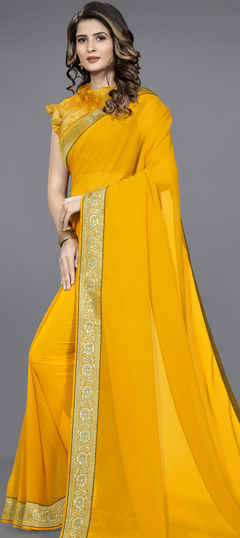 Yellow color Saree in Faux Georgette fabric with Border, Weaving work