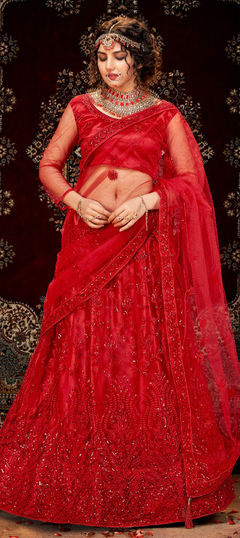 Red and Maroon color Lehenga in Net fabric with Embroidered, Sequence work