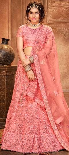 Pink and Majenta color Lehenga in Net fabric with Embroidered, Stone work