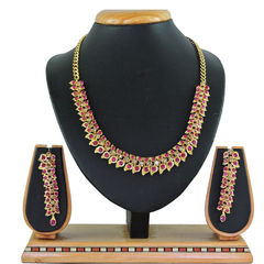 Gold Rodium Polish Pink and Majenta color Necklace in Metal Alloy studded with CZ Diamond