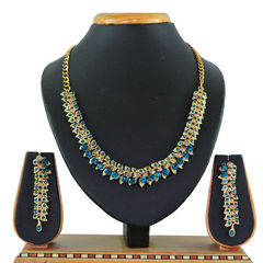 Gold Rodium Polish Blue color Necklace in Metal Alloy studded with CZ Diamond