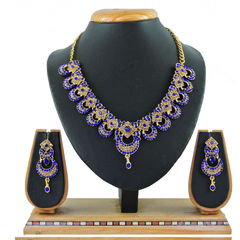 Gold Rodium Polish Blue color Necklace in Metal Alloy studded with CZ Diamond