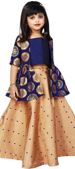 Beige and Brown color Kids Lehenga in Silk cotton fabric with Printed work