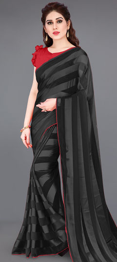 Black and Grey color Saree in Georgette fabric with Lace work