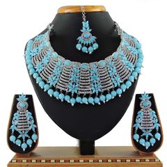 Gold Rodium Polish Blue color Necklace in Metal Alloy studded with CZ Diamond