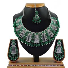 Gold Rodium Polish Green color Necklace in Metal Alloy studded with CZ Diamond