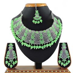 Gold Rodium Polish Green color Necklace in Metal Alloy studded with CZ Diamond