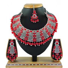 Gold Rodium Polish Red and Maroon color Necklace in Metal Alloy studded with CZ Diamond