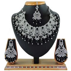 Gold Rodium Polish Black and Grey color Necklace in Metal Alloy studded with CZ Diamond