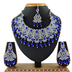 Gold Rodium Polish Blue color Necklace in Metal Alloy studded with CZ Diamond