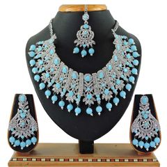 Gold Rodium Polish Blue color Necklace in Metal Alloy studded with CZ Diamond