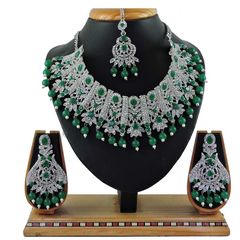 Gold Rodium Polish Green color Necklace in Metal Alloy studded with CZ Diamond