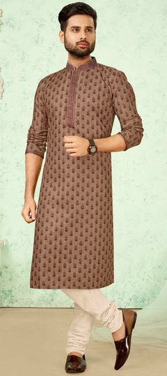Beige and Brown color Kurta Pyjamas in Poly Silk fabric with Digital Print work