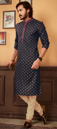 Blue color Kurta Pyjamas in Poly Silk fabric with Digital Print work