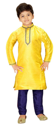 Yellow color Boys Kurta Pyjama in Dupion Silk fabric with Thread work : 1723327