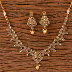 Beige and Brown color Necklace in Brass studded with CZ Diamond & Gold Rodium Polish : 1723618