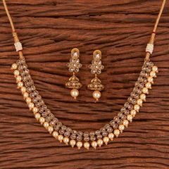 Gold Rodium Polish Beige and Brown color Necklace in Brass studded with CZ Diamond, Pearl