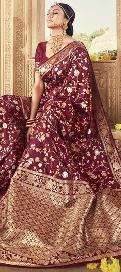 Red and Maroon color Saree in Banarasi Silk, Silk fabric with Weaving work