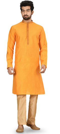 Yellow color Kurta Pyjamas in Blended Cotton fabric with Embroidered, Thread work