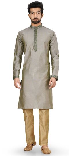 Black and Grey color Kurta Pyjamas in Blended Cotton fabric with Embroidered, Thread work