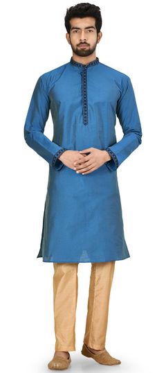 Blue color Kurta Pyjamas in Blended Cotton fabric with Embroidered, Thread work