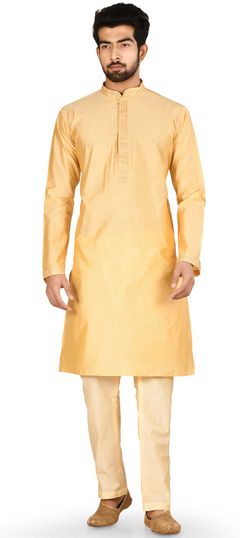 Beige and Brown color Kurta Pyjamas in Blended Cotton fabric with Embroidered, Thread work