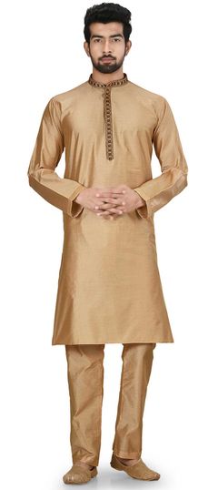 Beige and Brown color Kurta Pyjamas in Blended Cotton fabric with Embroidered, Thread work