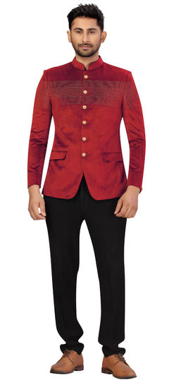 Red and Maroon color Jodhpuri Suit in Velvet fabric with Thread work : 1724205