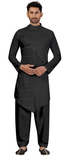 Black and Grey color Pathani Suit in Cotton fabric with Thread work