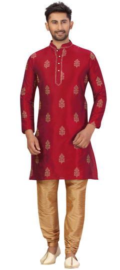 Red and Maroon color Kurta Pyjamas in Art Silk fabric with Embroidered, Thread work