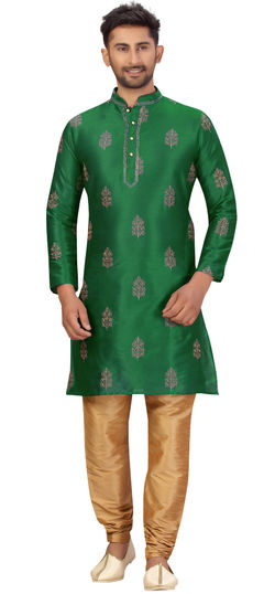 Green color Kurta Pyjamas in Art Silk fabric with Embroidered, Thread work