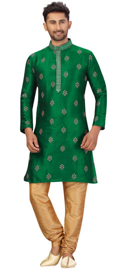 Green color Kurta Pyjamas in Art Silk fabric with Embroidered, Thread work