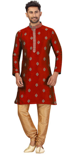 Red and Maroon color Kurta Pyjamas in Art Silk fabric with Embroidered, Thread work