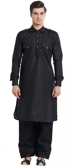 Black and Grey color Pathani Suit in Cotton fabric with Thread work