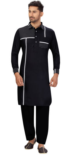 Black and Grey color Pathani Suit in Cotton fabric with Thread work