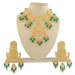 Gold Rodium Polish Green, White and Off White color Necklace in Brass studded with Beads, Cubic Zirconia, Kundan, Pearl